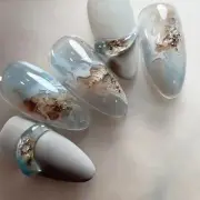 24pcs 3D Tiffany Blue Marble Print Gold Foil press on Nails, Medium Almond Shape