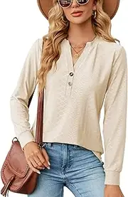 [MAIABLEAU] Women Casual V Neck Tunic Tops Long Sleeve Shirts Textured Top Office Trendy Pullover Blouse