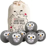 Calindiana 100% Organic Premium New Zealand Wool Dryer Balls Laundry Reusable Fabric Softener, Cute Dryer Sheets Alternative, Anti Static XL Size 6 Pack, Grey Owl