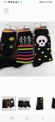 3 Pair Cute Womens Halloween Crew Socks Size 9-11 Crazy Skull, Skeleton, Tree