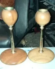 Oregon Myrtle Wood Candle Holders Set Of 2 Taper Candlesticks Natural Grain 7"