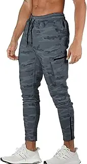 [DIOTSR] Men's Cargo Workout Jogger Pants, Camo Slim fit Tapered Sweatpants for Men, Running Track Pants with Zipper Pockets