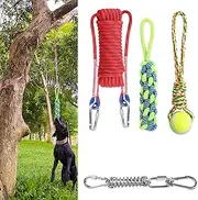 Yummy Sam Dog Ropes Toy,16.8 ft Rope & Spring Pole Pole Kit & 2 Chew Toys, Outdoor Hanging Retractable Exercise Interactive Pull Tug Muscle Builder for Medium Large Dogs (Red Green)