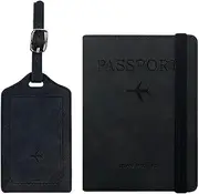[Bekecidi] Leather Passport Holder and Luggage Tag Set, RFID Blocking Travel Wallet for Passport, Boarding Passport, Credit Cards, Tickets, Premium PU Leather