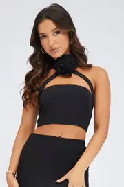 Black Crop Top Halter Neck Rose Rosette Detail - Size 10, Women's Crop Top
