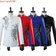 Men's Floral Stage Costumes Groom Full Dress Stand Collar Blazer Coat Pants 2pcs