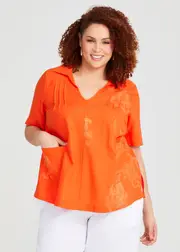[TS] Taking Shape Pintuck Linen Bamboo Top Size 14 in Sunset Orange Print - Plus Size Women's Clothing Sunset Orange Print