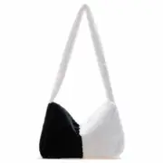 Nevenka Women Plush Flower Underarm Bag Hand Bag Soft Shoulder Bag-Black White