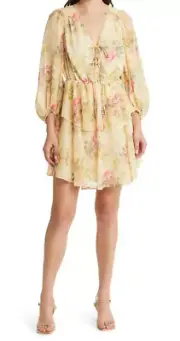 TED BAKER TAMZIIY MINI DRESS GEORGETTE FLORAL TAN YELLOW & MULT TED SIZE 2 (US 6