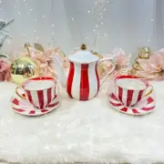 Grace Teaware Fine Porcelain Holiday Red White 5 ps set Teapot Cups Saucers
