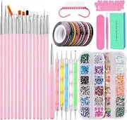 Nail Art Tools Kit, Nail Design Tools with Nail Art Brushes Set, Nail Dotting Tool, Nail Striping Tapes, Rhinestones Crystals Gems Glitters Sequins Decorations, Nail File Block and Nail Dust Brush