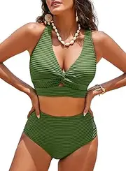 [Herseas] Women's Textured Bikini Sets Twist Front Top Swimsuits High Waisted Bathing Suits, Army Green, X-Large