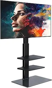 FITUEYES Floor TV Stand 3 Shelves for 32-65 Inch TV, Swivel 60 Degrees 6 Level Height Adjustable with Cable Management, Sturdy Tempered Glass Base Modern & Space Saving TT307001MB