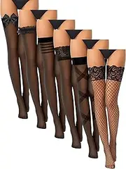 [Janmercy] 6 Pairs Thigh High Stockings Fishnet Stockings Lace Top Fishnet Lingerie Over the Knee Fish Net Stocking Tights High