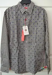 NWT Robert Graham Mens XL Checks Shirt Brown White Blue Embroidered