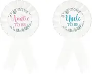 [GDTO8820] Auntie to Be Tinplate Badge Pin, Uncle to Be Tinplate Badge Pin, Gender Reveal Baby Shower Pin, Green Leaves Aunt Satin Fabric Button, Uncle Satin Fabric Button Party Decoration - White 2pcs