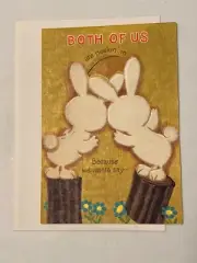 VTG 1960s Hallmark GET WELL Flocked Bunny Rabbits Peekin In Diecut Greeting Card