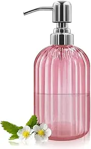 14 Oz Glass Soap Dispenser with 304 Rust Proof Stainless Steel Pump, Refillable Hand Liquid Soap Dispenser for Bathroom, Kitchen， Countertop, Laundry Room (Pink)