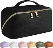 Portable Makeup Bag, Large Travel Cosmetic Bag Waterproof Make Up Organizer Bag PU Leather Travel Accessories Bag with Divider Flat Lay (Black)