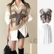 Houndstooth Sweater Vest / Long-Sleeve Plain Shirt Shirt - White - XL