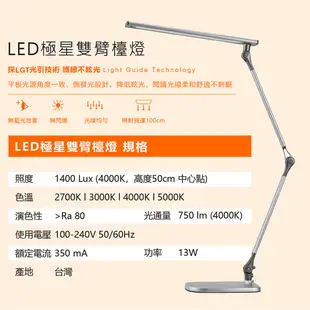 〖歐司朗〗含稅 LED 13W 極星雙臂檯燈 調光調色 防眩光 無藍光 桌燈 閱讀檯燈 光彩 (5.5折)