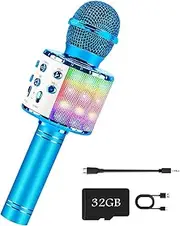Wireless Bluetooth Karaoke Microphone for Kids, 5-in-1 Portable Handheld Karaoke Mic Speaker Player Recorder with Adjustable Remix FM Radio for Kids Girls Boys Teens (with 32GB TF Card)