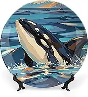 Orca Killer Decorative Ceramic Plates for Display, Boho Dinner Plate with Display Stand, China Plate for Home Decor, 8 Inch