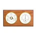 PLYMOUTH BAROMETER AND THERMOMETER/HYGROMETER ON OAK BASE - WALL WEATHER STATION