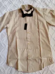 Wayne Scott Boys Sz 6 Tan Long Sleeve Button Up Tuxedo Shirt & Black Bowtie NWT