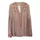 Velzera Embroidered Mindy Tunic Top Rayon Relaxed Boho Mocha Size Medium