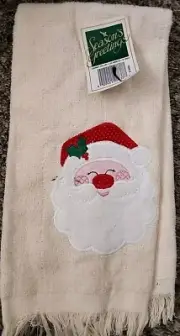 Season Greetings Santa Face Hand Kitchen Towel 1pc Light Tan Christmas