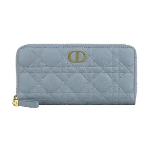 【Dior 迪奧】DIOR CARO 金屬LOGO線條絎縫小牛皮8卡拉鍊長夾(雲藍)