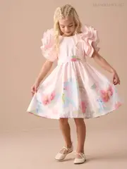 Angel & Rocket Pink 100% Cotton Border Print Emillie Tie Sash Dress (AN7719) | $155 - $173