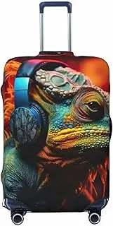 [CADREWY] Chameleon listen music Print Travel Suitcase Cover Luggage Protector with Elastic Anti Scratch for Carry On, Black, Large