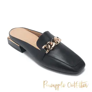 Pineapple Outfitter-HANNE 真皮金鍊低跟前包穆勒鞋-黑色