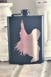 Liquor Hip Pocket Flask and Funnel Engraved Winged Angel Art Drinking Gift