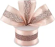 DINDOSAL Rose Gold Wired Satin Ribbon with Glitter Mesh, 2.5" x 10 Yards, Perfect for Christmas Tree Toppers, Bows, Wreaths, Crafts, Gift Wrapping