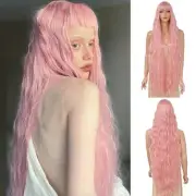 Long Wavy Wig with Bangs for Women,Wig Long Pink Bangs Wig,Natural Looking Sy...
