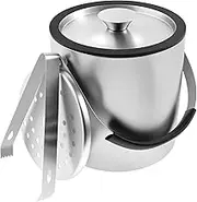 Stainless Steel Ice Bucket 2L Large Capacity Double Wall Insulated Ice Cube Bucket Container with Clip Strainer Lid and Handle for Whiskey Chilling Beer Champagn