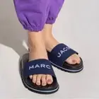 Marc Jacobs Slides Women Size 8 Navy Blue Logo Slip On Sandals Designer Pool NIB