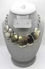Chico’s Silver Tone Statement Necklace Chain Hammered Metal Discs