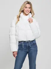 GUESS White Antonia Strass Puffer Jacket Size: Large, Polyester