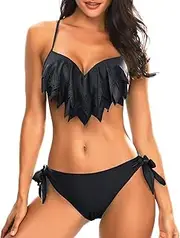 [Holipick] Women's Tie Side Bottom Push up Padded Top Geometric Flounce Bikini Bathing Suit