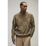 Mens Stone Oversized Funnel Neck Checkerboard Knitted Jumper