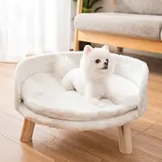 Gaderth Elevated Dog Cat Bed Stool Sofa, Pet Sofa Bed with Wood Legs, Pet Chair with Washable Cushion, Round Puppy Sofa for Small Dog Kitten