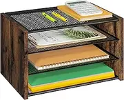 3-Tier Paper Letter Tray, Wooden Desk File Organizer, Stackable Metal Mesh Desk Organizer for Office Supplies. Small Paper Trays for Home Office School, Rustic Brown