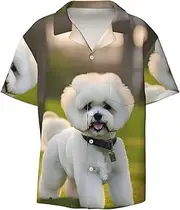 [YANYU] Bichon Frise Dog On The Grass Print Hawaiian Shirts Men Short Sleeve Button Down Cuban Collar Shirt Summer Beach Days