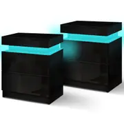 2x ALFORDSON 2 Drawers Bedside Table Perla LED Nightstand (Black)