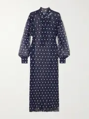[Marie Adam-Leenaerdt] Marie Adam-Leenaerdt - Polka-dot Chiffon-trimmed Ribbed-knit Midi Dress - Navy - small small Blue