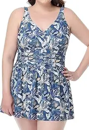 [Perona] Plus Size Swimwear Tummy Control Swimdress Size12-28 One Piece Swimsuit with Flared Skirt for Women